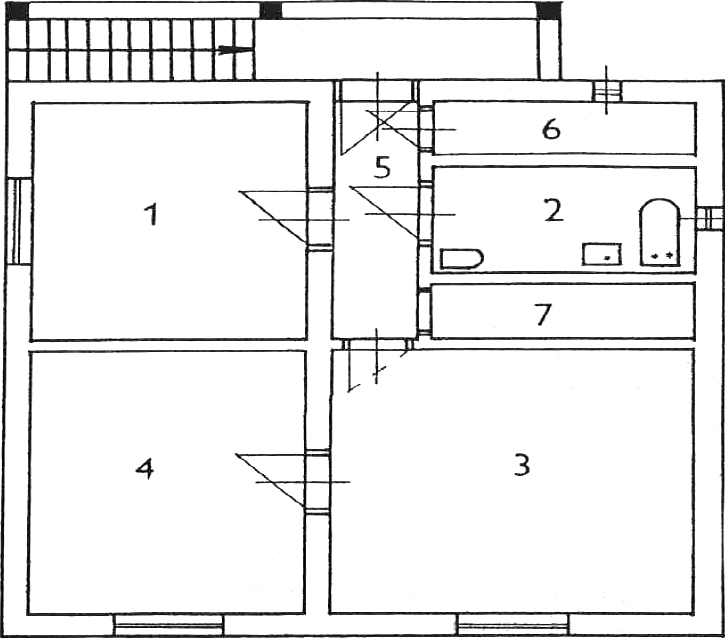 Obr. 1 Označení jednotlivých místností: 1 – kuchyň, 2 – koupelna, 3 – obývací pokoj, 4 – ložnice, 5 – chodba, 6 – spíž, 7 – šatna, 8 – otevřené schodiště